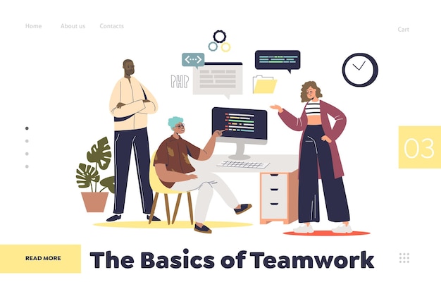 Conceptos básicos del concepto de página de inicio de trabajo en equipo con un equipo de desarrolladores web y programadores trabajando juntos. grupo de ux y diseñadores web o codificadores de intercambio de ideas. ilustración de vector plano de dibujos animados