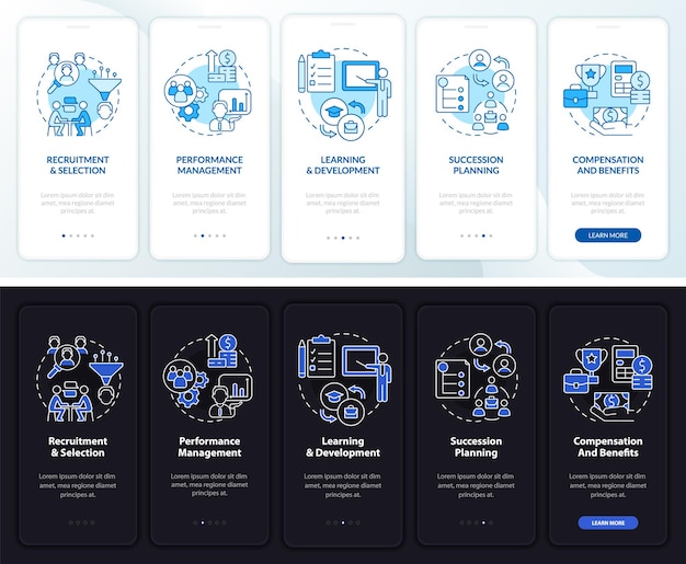 Conceptos básicos de gestión de RR. HH. noche, pantalla de aplicación móvil de incorporación de modo diurno. Tutorial de 5 pasos de páginas de instrucciones gráficas con conceptos lineales. Interfaz de usuario, UX, plantilla de interfaz gráfica de usuario. Myriad Pro-Bold, fuentes regulares utilizadas