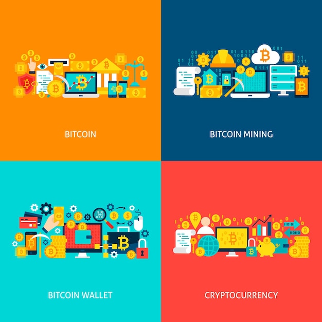 Conceptos de Bitcoin. Ilustración de Vector de diseño de cartel. Conjunto de objetos coloridos de criptomonedas.
