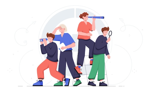 Conceptos de búsqueda en equipo hombres y mujeres con binoculares de lupa y telescopio de pronóstico y