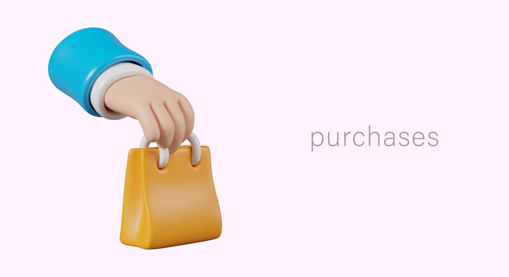 Vector conceptos de compras lindos al estilo de dibujos animados bolsa de compras realista con la mano