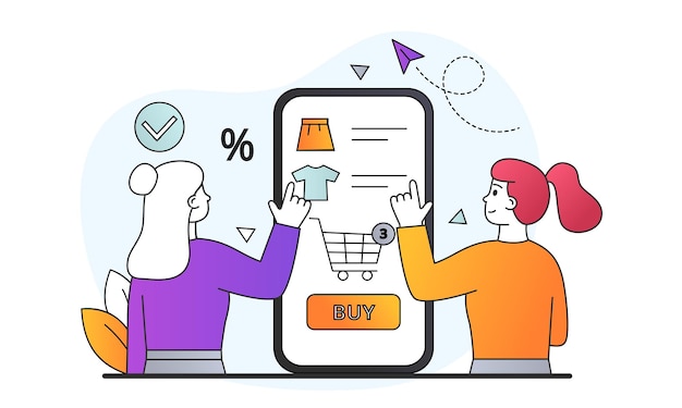 Conceptos de compras en línea mujeres de pie junto a un gran teléfono inteligente y elegir productos para comprar personajes