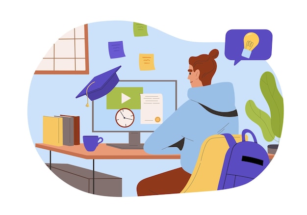 Conceptos de cursos en línea Hombre con educación a distancia Joven con certificado Aprendizaje y capacitación conferencia en Internet Ilustración vectorial plana de dibujos animados aislada sobre fondo blanco