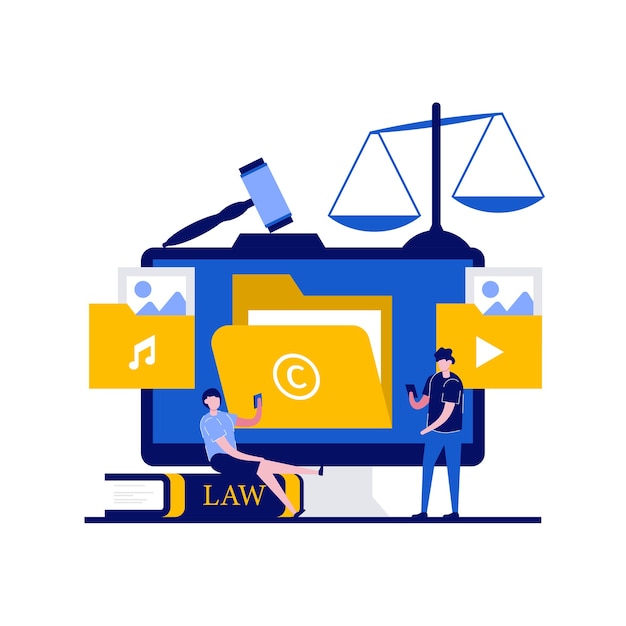 Conceptos de derecho de autor y tecnología de internet con carácter. Ley y derechos de protección de patentes y propiedad intelectual.