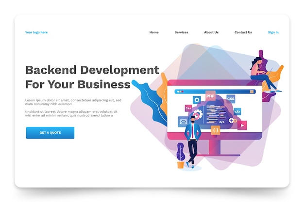 Conceptos en desarrollo de backend de software e ilustración de TI Página de aterrizaje