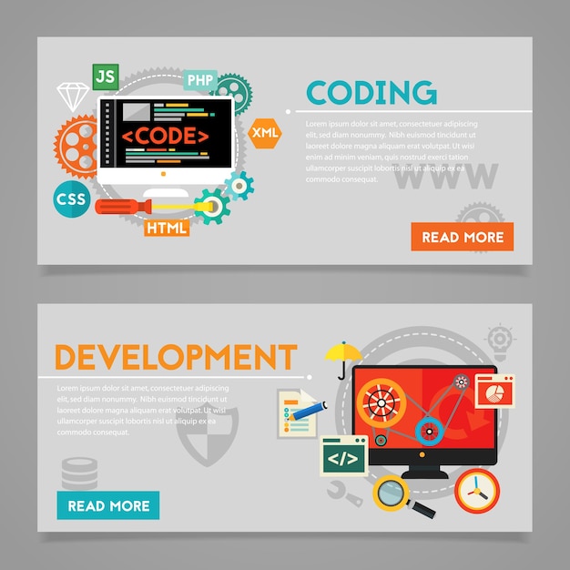 Vector conceptos de desarrollo y codificación, scripting y desarrollo de sitios web. banners horizontales