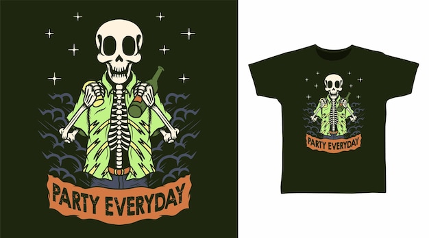 Conceptos de diseño de camiseta de fiesta de esqueleto