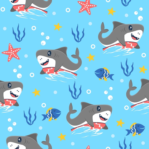 Conceptos de diseño de patrón de moda de dibujos animados de surf de mandíbula fresca