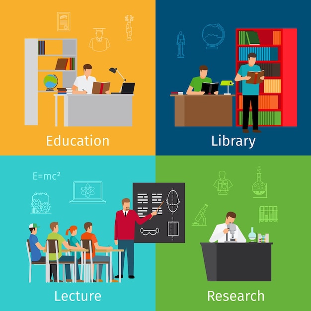 Conceptos de educación. Aprendizaje y conferencias, lectura en biblioteca e investigación.