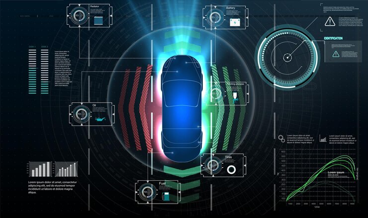 Vector conceptos futuros smart auto hud gui holograma sistema de frenado automático para evitar accidentes automovilísticos