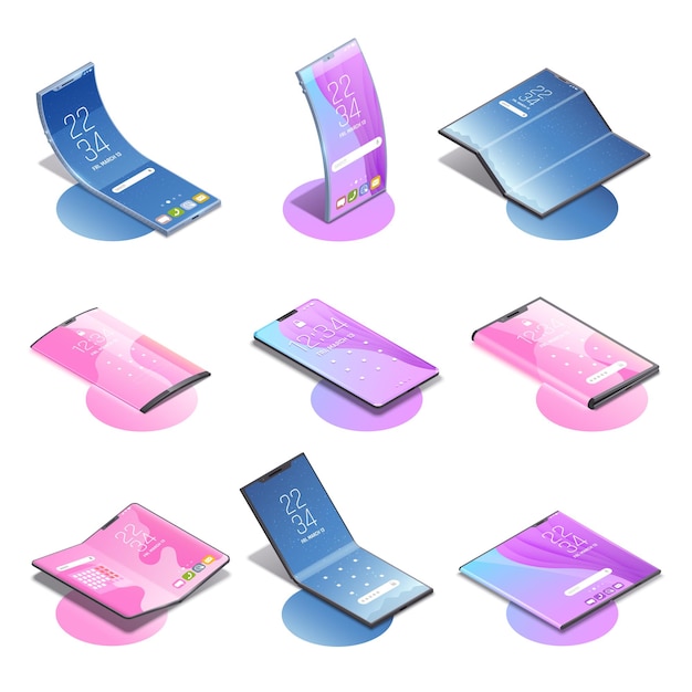 Conceptos de gadgets plegables conjunto isométrico de nueve imágenes aisladas con varios modelos de ilustración vectorial de teléfonos inteligentes de próxima generación