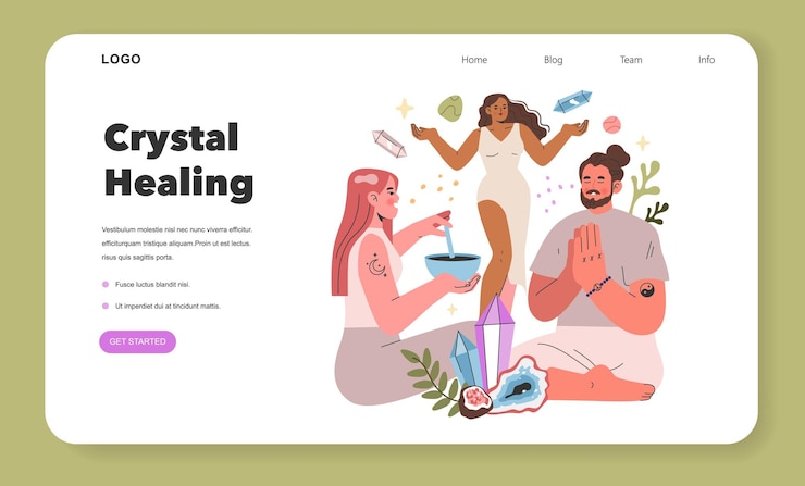Vector conceptos de medicina alternativa personas que practican la curación con cristales con piedras preciosas coloridas holística