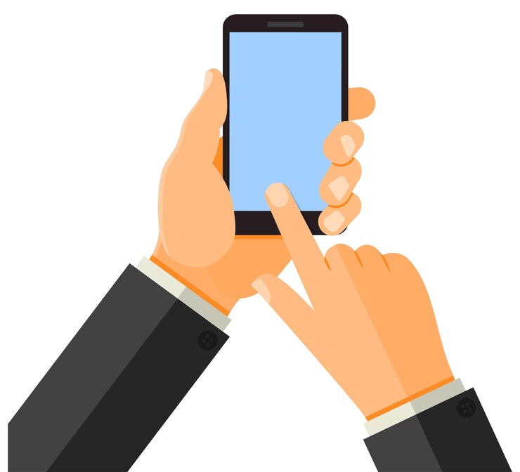 Vector conceptos de negocio hombre sosteniendo el teléfono inteligente verticalmente en la mano y tocando la pantalla en blanco ilustración de icono plano vectorial aislado