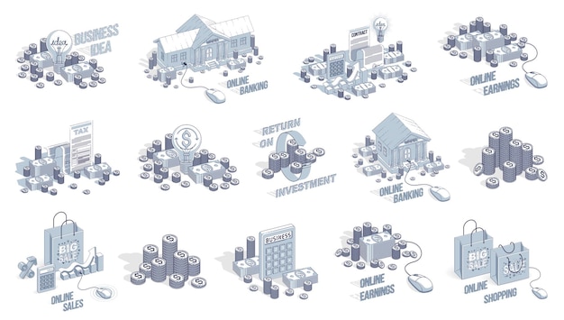 Conceptos de negocios y finanzas Ilustraciones vectoriales 3D aisladas en fondo blanco, colección de diseño conceptual de tema de dinero, ahorros, banco, contrato, ingresos, seguridad, en línea.