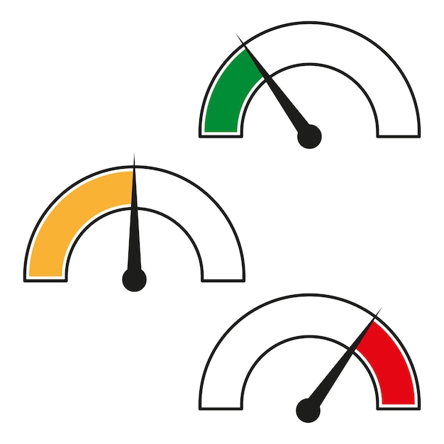 Conceptos de nivel de manómetro Velocímetros de colores con flechas Ilustración vectorial EPS 10
