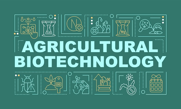 Conceptos de palabras de biotecnología agrícola banner verde oscuro