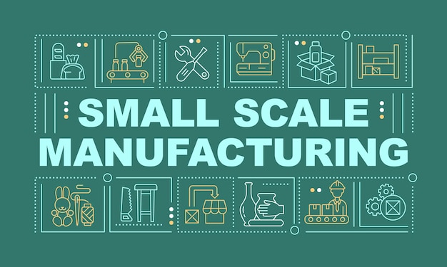 Conceptos de palabras de fabricación a pequeña escala banner verde Proceso de producción Infografías con iconos sobre fondo de color Tipografía aislada Ilustración vectorial con texto Fuente ArialBlack utilizada