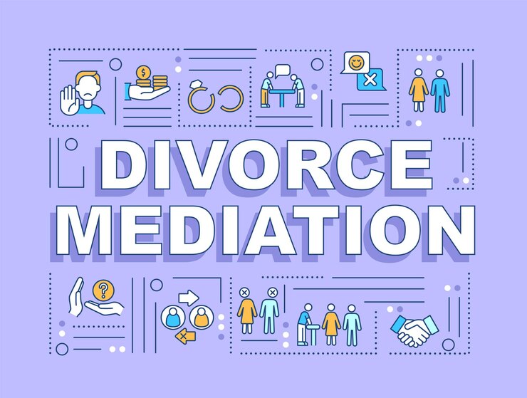 Vector conceptos de palabras de mediación de divorcio banner púrpura. proceso de separación. infografías con iconos lineales en el fondo. tipografía aislada. ilustración de color vectorial con texto. fuente arial-black utilizada
