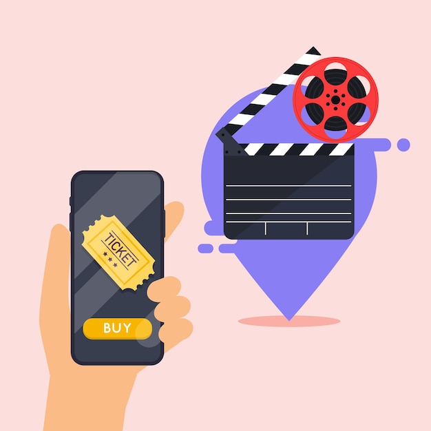 Conceptos de pedido de entradas de cine online. Mano que sostiene el teléfono inteligente móvil con la aplicación de compra en línea.