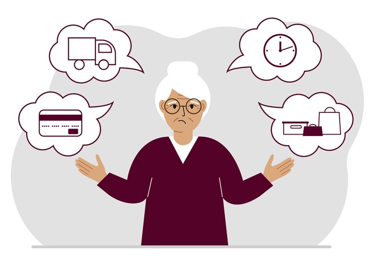Vector conceptos del proceso de pedido y entrega. abuela triste y pasos de una orden de entrega. pago, coche de reparto, horas de espera y mercancías y compras.