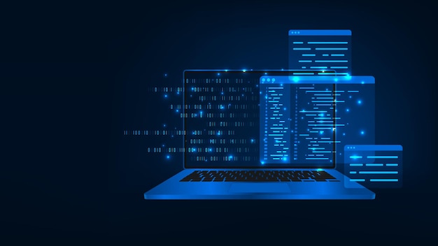 Conceptos de programación de software de desarrollo web, código de programación abstracto en un portátil