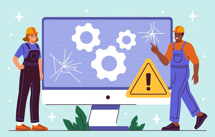 Vector conceptos de reparación de computadoras hombres en uniforme de protección con sombreros cerca del monitor de computadora reparador con
