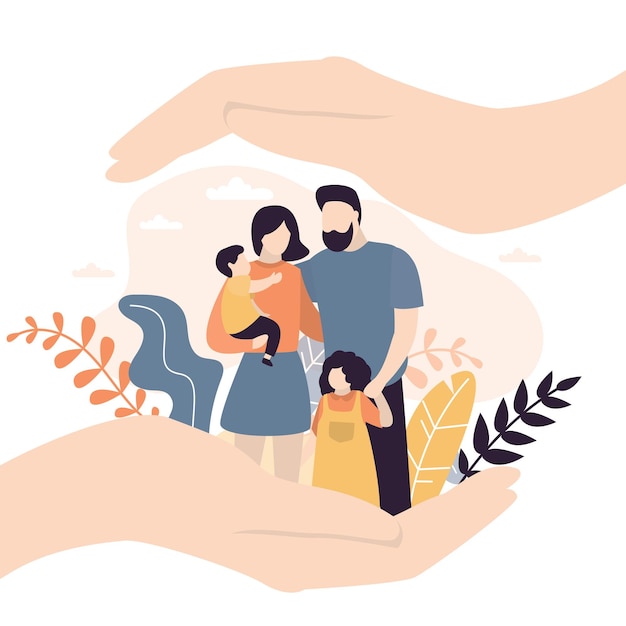 Conceptos de seguros y atención médica Manos grandes sosteniendo y cubriendo a una pequeña pareja de amantes jóvenes con hijos