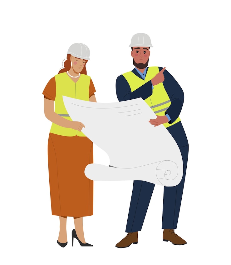 Vector conceptos de trabajadores de la construcción hombre y mujer en uniforme de protección con constructores de planos y