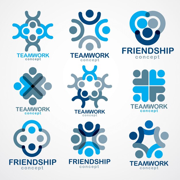 Vector conceptos de unidad y cooperación de empresario de trabajo en equipo creados con elementos geométricos simples como tripulaciones de personas. conjunto de iconos o logotipos vectoriales. amistad del equipo de ensueño, diseños azules de tripulación unida.