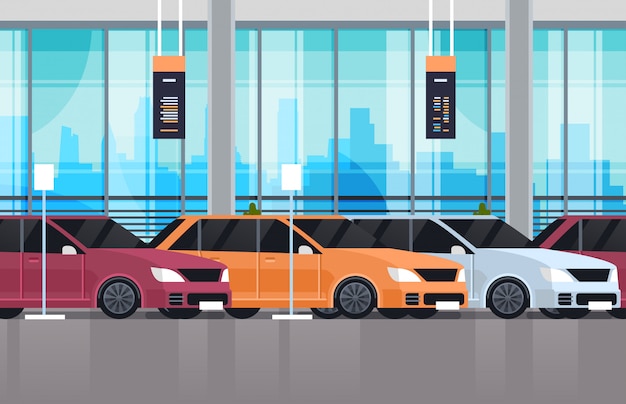 Concesionario de automóviles Centro Showroom Interior con conjunto de nuevos vehículos modernos