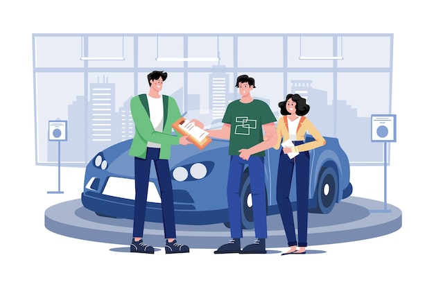 Vector un concesionario de automóviles explica el contrato de venta a una pareja que compra un automóvil