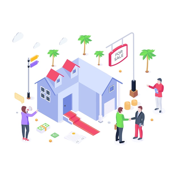 Un concesionario de casas de venta casa vector isométrico personas