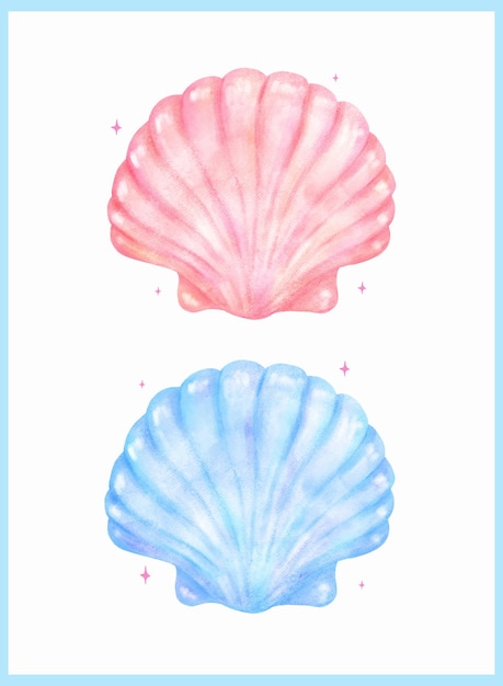 Concha de almeja pastel acuarela azul y rosa conjunto de conchas de mar gradiente