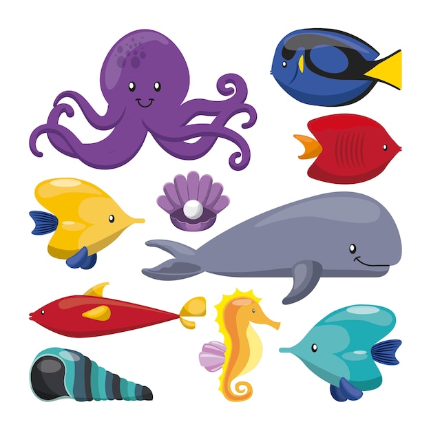 Vector concha de ballena de pulpo de ostra de pescado y el icono de caballo de mar.