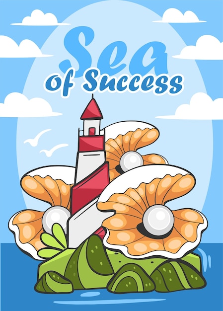 Concha de faro de patrón vectorial con una perla y letras Sea of Success en estilo cómico de dibujos animados