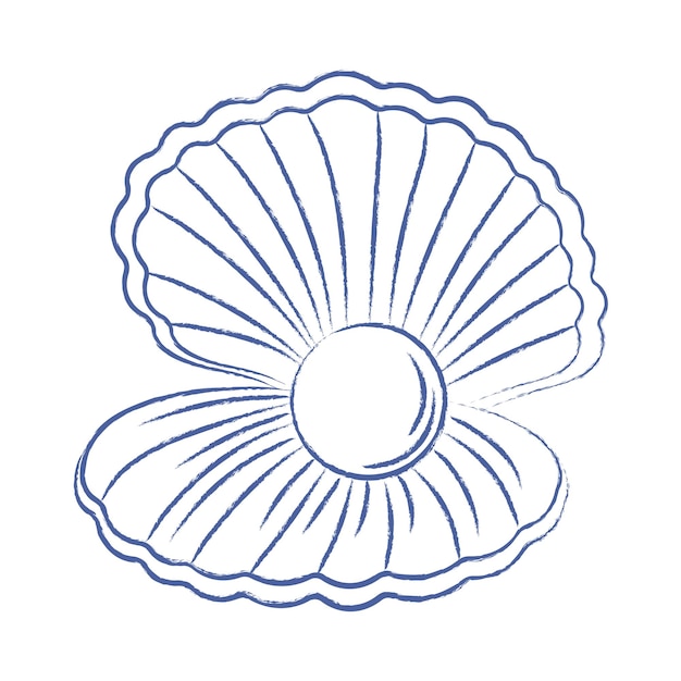 Concha de mar dibujada con pluma sobre fondo blanco Concha de marina abierta con perla en el interior Elemento vintage vectorial
