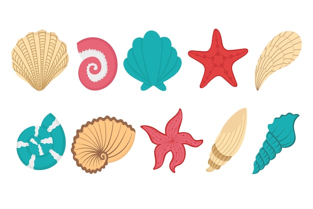 Concha submarina tropical Doodle imágenes prediseñadas planas Todos los objetos se vuelven a pintar