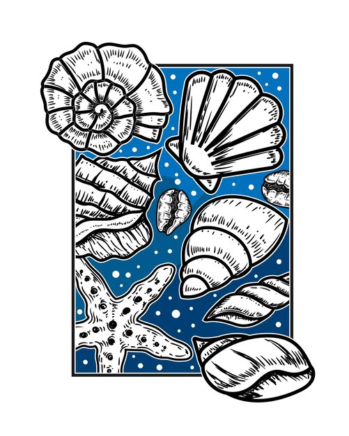conchas blancas decorativas dibujadas a mano sobre un fondo azul
