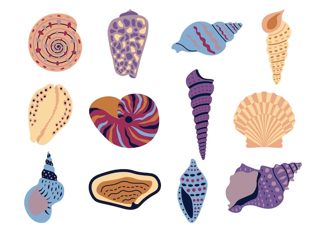 Conchas de dibujos animados Colección de animales marinos de verano Hábitats marinos y acuarios Objetos de estilo doodle de colores brillantes Tesouros dibujados a mano Conchas marinas Almejas y moluscos Set aislado