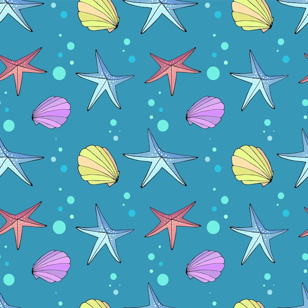 Conchas y estrellas de mar en un patrón transparente azul