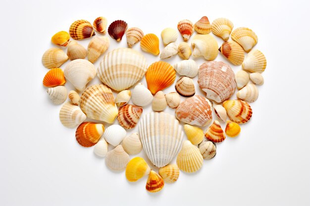 Conchas de mar apiladas en forma de corazón Corazón hecho de diferentes conchas de mar sobre fondo blanco