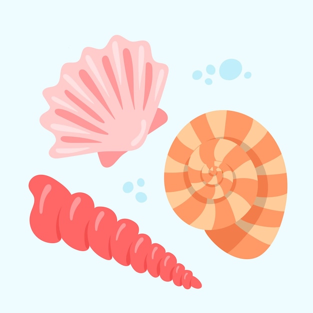 Conchas de mar conjunto moluscos estrellas de mar Ilustración plana de adhesivas de colección de conchas de mar Océano