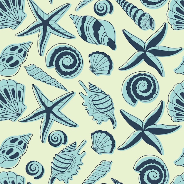 Las conchas de playa patrón sin costuras fondo vectorial en color azul patrón de verano para envolver papel papel tapiz portada de cuaderno