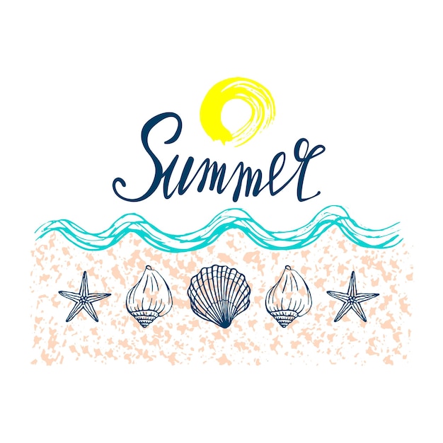 Conchas, verano, vacaciones, conjunto de conchas y estrellas de mar, vector. Estrellas de mar y conchas de mar dibujadas a mano. Hermosa inscripción en caligrafía moderna.