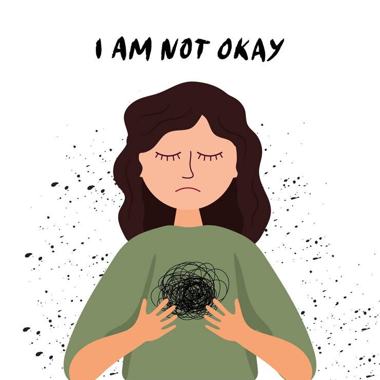 Conciencia sobre la salud mental. Ilustración de una mujer en estado depresivo. Ilustración de psicología. Chica de tristeza de dibujos animados. no estoy bien