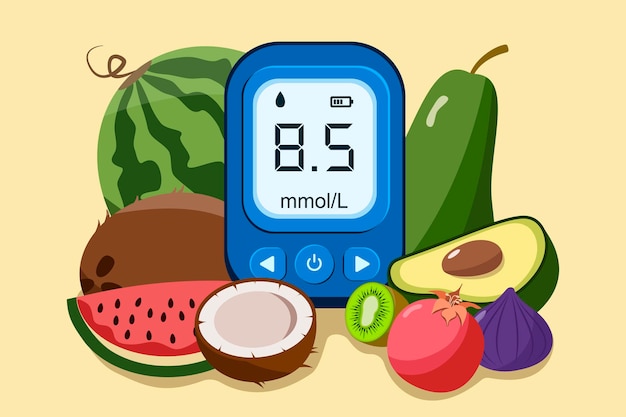 Vector concienciación sobre el día mundial de la diabetes. bandera del día mundial de la diabetes con glucómetro electrónico e ilustración de verduras frescas.