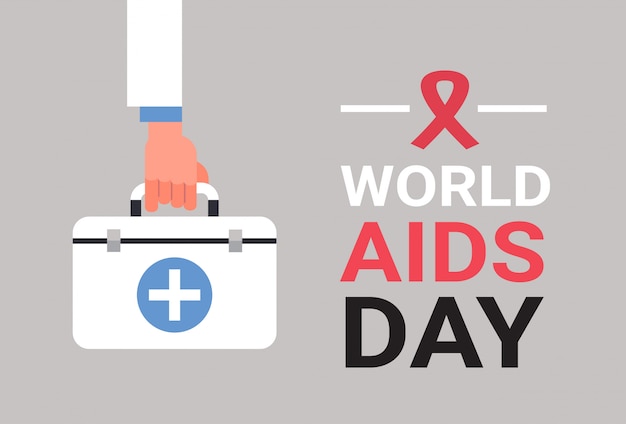 Concienciación sobre el día mundial del sida, cinta roja, muestra, mano, primeros auxilios, kit, prevención médica