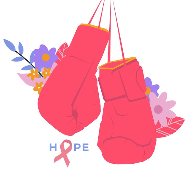 Concientización sobre el cáncer de mama guantes de boxeo con cinta rosa luchando en una ilustración plana