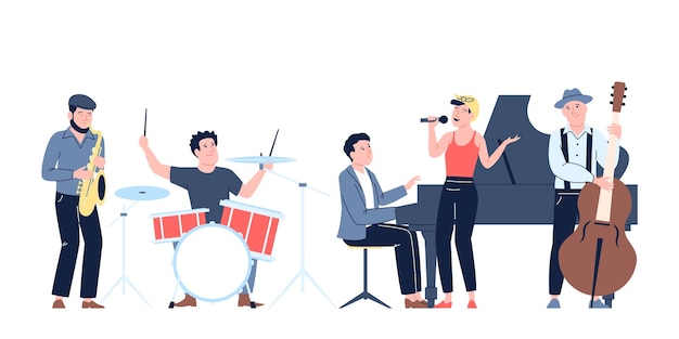 Concierto de banda de jazz Jóvenes cantantes y músicas Personas que tocan piano, violonchelo, saxofón y batería Música en vivo entretenimiento escena vectorial reciente