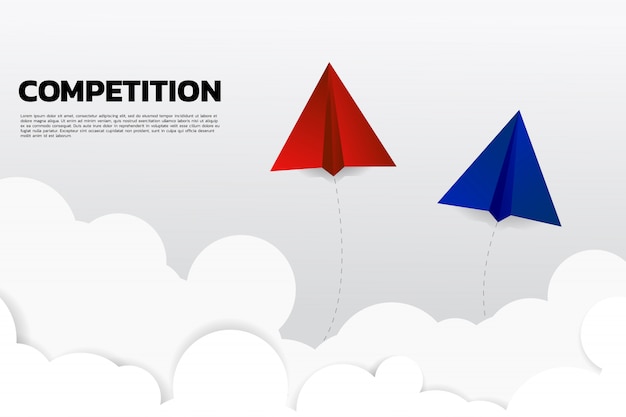 Concurso de avión de papel origami azul y rojo.
